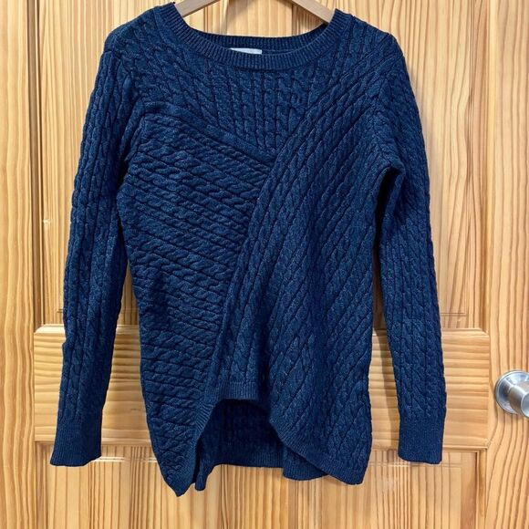 Evolution by Cyrus Blue Asymmetric Cable Knit Sweater Size Medium - Picture 1 of 4